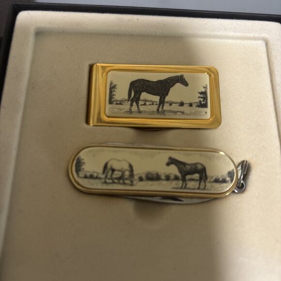 VINTAGE BARLOW Horses MONEY CLIP AND POCKET KNIFE - Picture 1 of 2